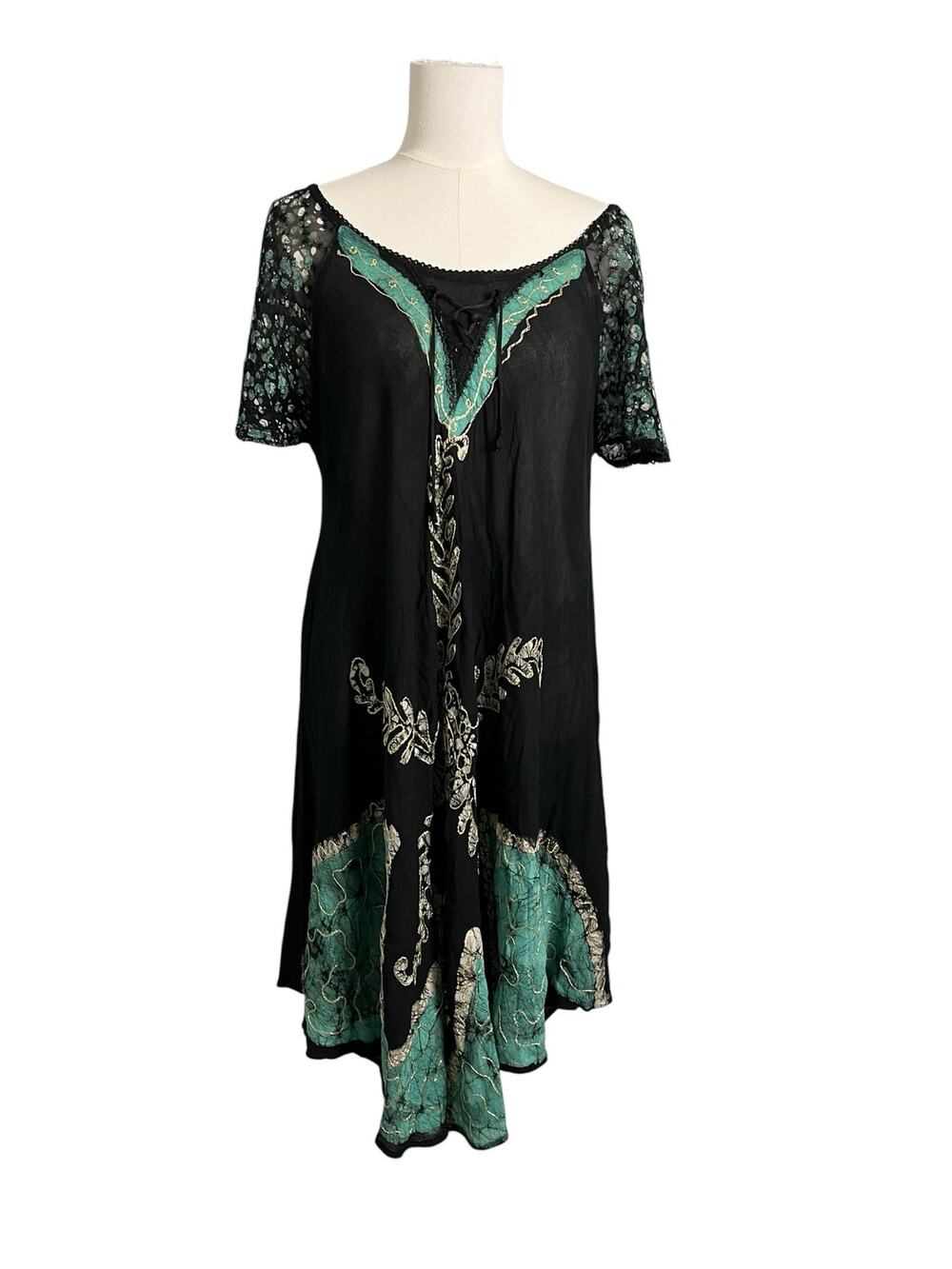 Anjli Embroidered Boho Midi Dress Black Teal Lace-Up Fairy Festival M Goblin